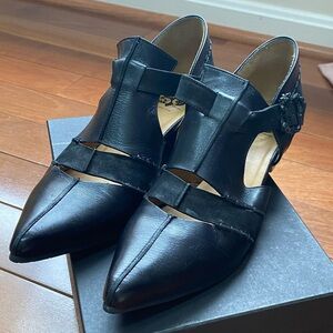 John Fluevog Truth Alisha Black Witchy T-Strap Heel